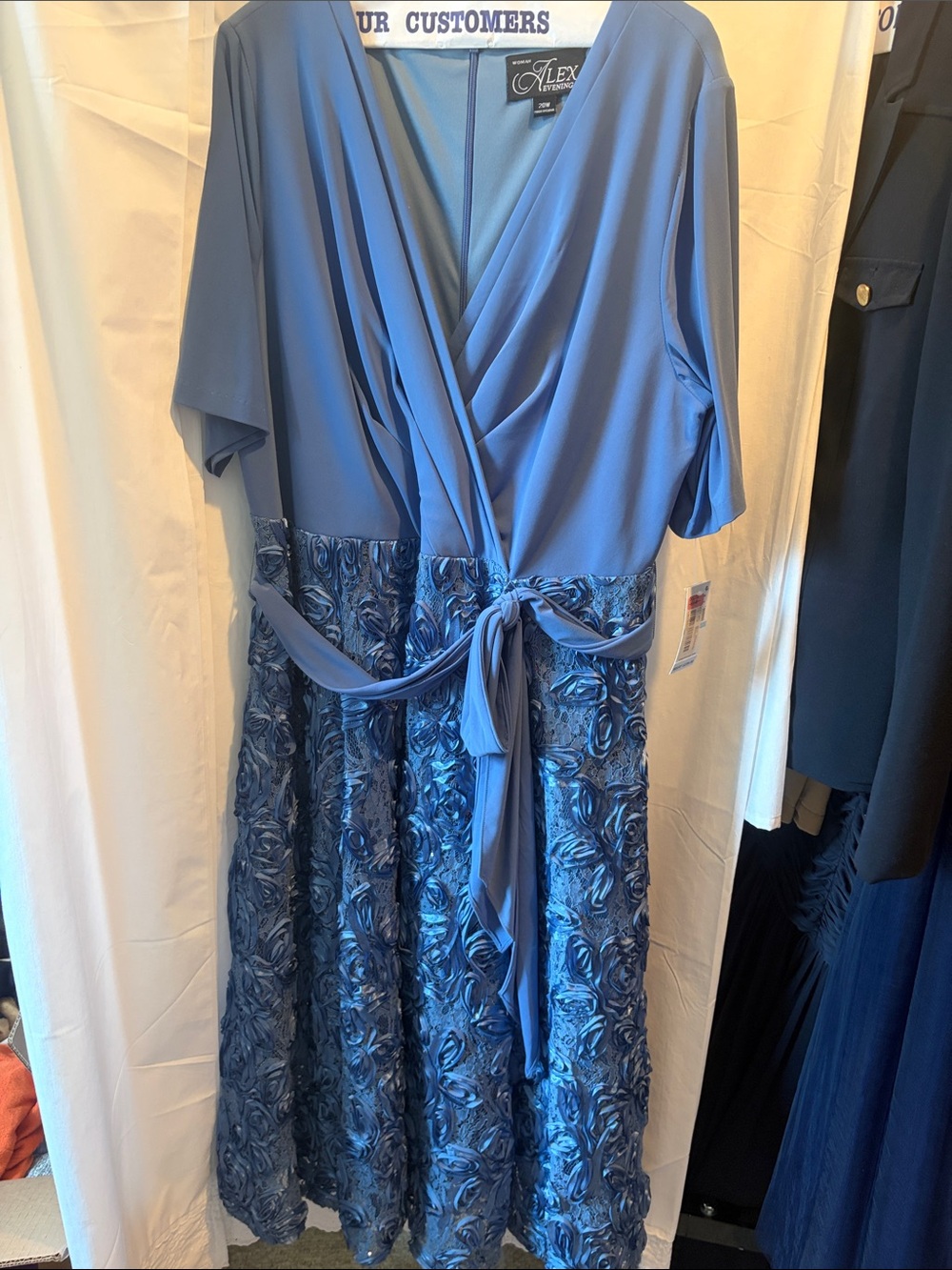 Alex Evenings Periwinkle Surplice Midi Dress with Textured Floral Skirt